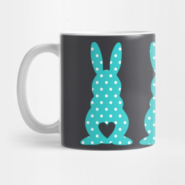 Three Easter Bunnies with Heart Shaped Tails Blue Polkadots by deelirius8